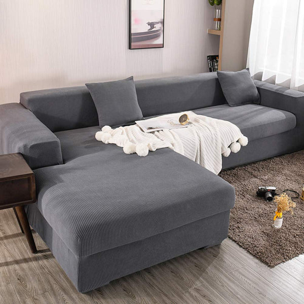 Plaid Fleece Solid Color Stretch L-Shape Sofa Cover 2 PCS (3 Seater +3 Seater)