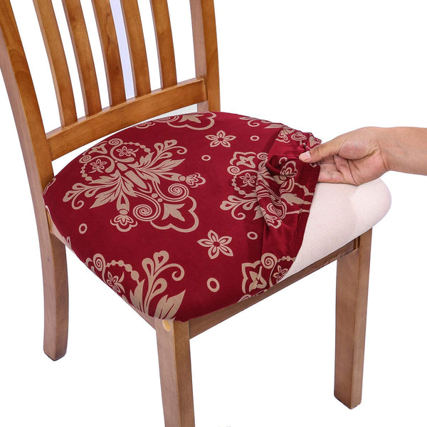 Pattern Stretchable Dining Chair Seat Cover Red with Golden Pattern